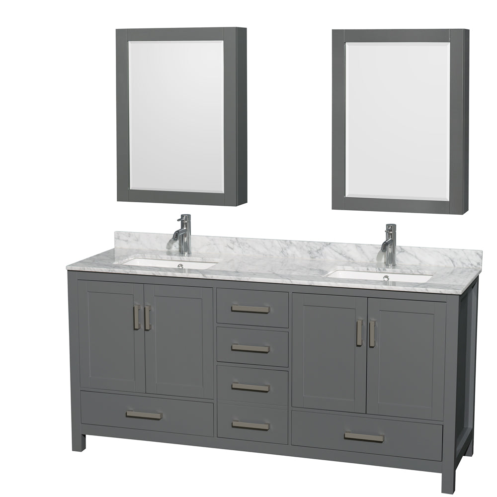 Wyndham Sheffield 72 Inch Double Bathroom Vanity in Dark Gray, White Carrara Marble Countertop, Undermount Square Sinks, and Medicine Cabinets- Wyndham