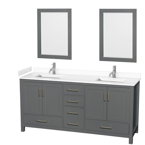 Wyndham Sheffield 72 Inch Double Bathroom Vanity in Dark Gray, White Cultured Marble Countertop, Undermount Square Sinks, 24 Inch Mirrors- Wyndham
