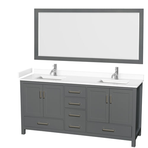 Wyndham Sheffield 72 Inch Double Bathroom Vanity in Dark Gray, White Cultured Marble Countertop, Undermount Square Sinks, 70 Inch Mirror- Wyndham