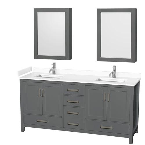 Wyndham Sheffield 72 Inch Double Bathroom Vanity in Dark Gray, White Cultured Marble Countertop, Undermount Square Sinks, Medicine Cabinets- Wyndham