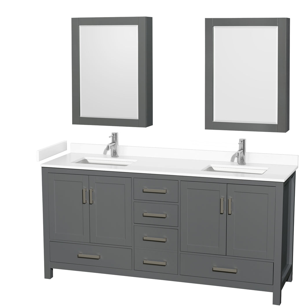 Wyndham Sheffield 72 Inch Double Bathroom Vanity in Dark Gray, White Cultured Marble Countertop, Undermount Square Sinks, Medicine Cabinets- Wyndham