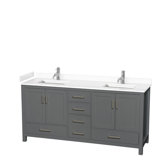 Wyndham Sheffield 72 Inch Double Bathroom Vanity in Dark Gray, White Cultured Marble Countertop, Undermount Square Sinks, No Mirror- Wyndham
