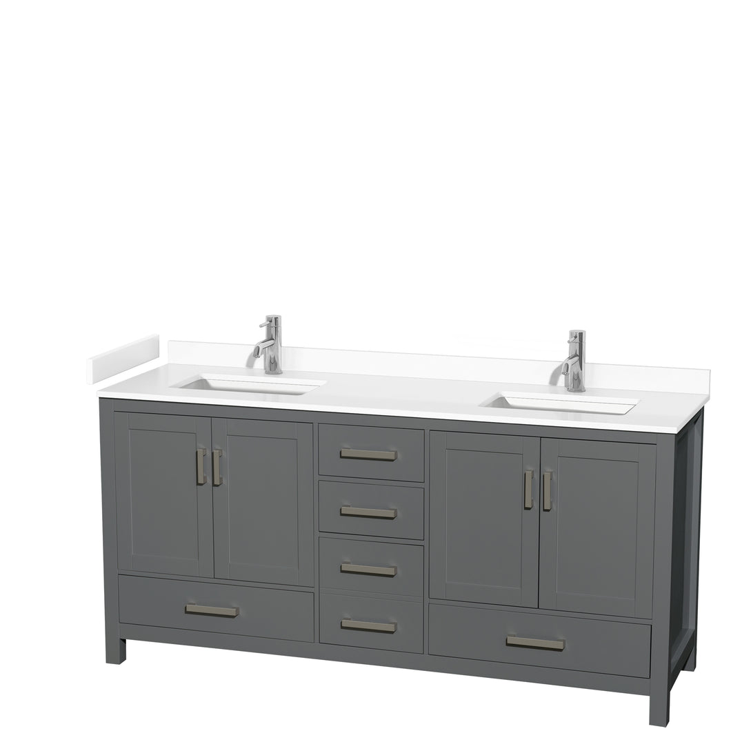 Wyndham Sheffield 72 Inch Double Bathroom Vanity in Dark Gray, White Cultured Marble Countertop, Undermount Square Sinks, No Mirror- Wyndham