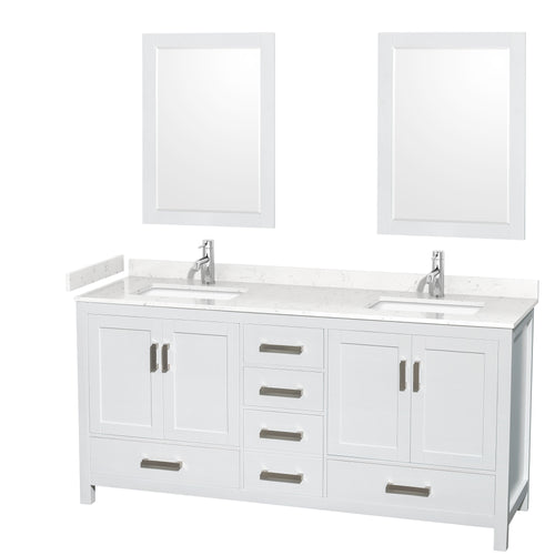Wyndham Sheffield 72 Inch Double Bathroom Vanity in White, Carrara Cultured Marble Countertop, Undermount Square Sinks, 24 Inch Mirrors- Wyndham