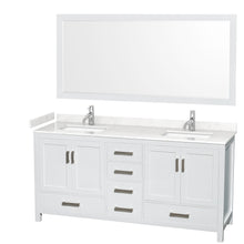Load image into Gallery viewer, Wyndham Sheffield 72 Inch Double Bathroom Vanity in White, Carrara Cultured Marble Countertop, Undermount Square Sinks, 70 Inch Mirror- Wyndham