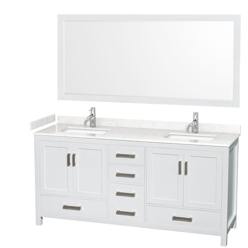 Wyndham Sheffield 72 Inch Double Bathroom Vanity in White, Carrara Cultured Marble Countertop, Undermount Square Sinks, 70 Inch Mirror- Wyndham