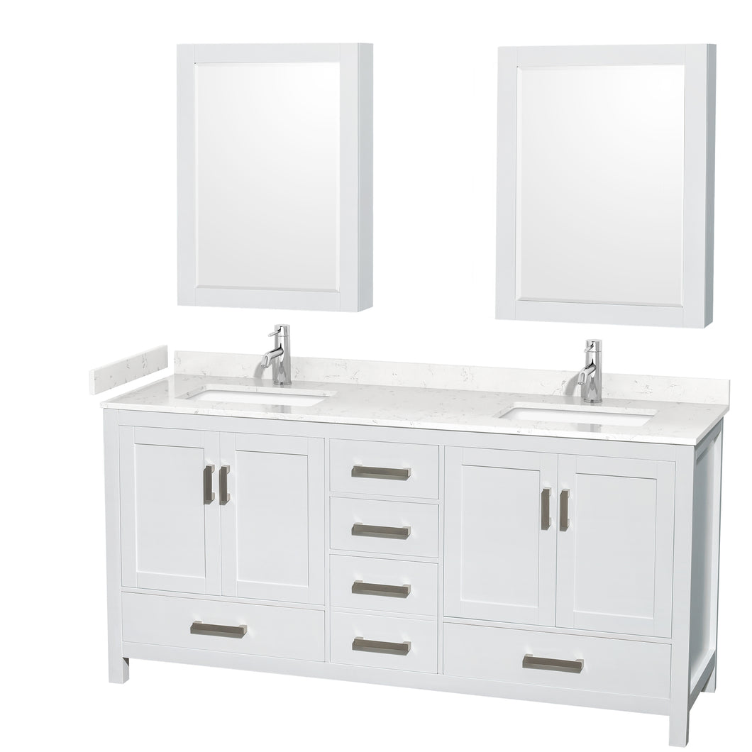 Wyndham Sheffield 72 Inch Double Bathroom Vanity in White, Carrara Cultured Marble Countertop, Undermount Square Sinks, Medicine Cabinets- Wyndham
