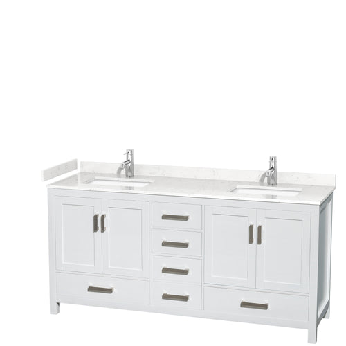 Wyndham Sheffield 72 Inch Double Bathroom Vanity in White, Carrara Cultured Marble Countertop, Undermount Square Sinks, No Mirror- Wyndham