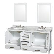 Load image into Gallery viewer, Wyndham Sheffield 72 Inch Double Bathroom Vanity in White, White Carrara Marble Countertop, Undermount Oval Sinks, and 24 Inch Mirrors- Wyndham