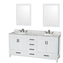 Load image into Gallery viewer, Wyndham Sheffield 72 Inch Double Bathroom Vanity in White, White Carrara Marble Countertop, Undermount Oval Sinks, and 24 Inch Mirrors- Wyndham