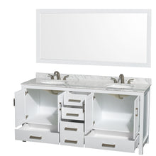 Load image into Gallery viewer, Wyndham Sheffield 72 Inch Double Bathroom Vanity in White, White Carrara Marble Countertop, Undermount Oval Sinks, and 70 Inch Mirror- Wyndham