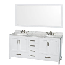 Load image into Gallery viewer, Wyndham Sheffield 72 Inch Double Bathroom Vanity in White, White Carrara Marble Countertop, Undermount Oval Sinks, and 70 Inch Mirror- Wyndham