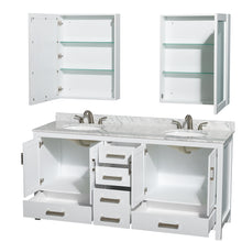 Load image into Gallery viewer, Wyndham Sheffield 72 Inch Double Bathroom Vanity in White, White Carrara Marble Countertop, Undermount Oval Sinks, and Medicine Cabinets- Wyndham