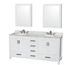 Load image into Gallery viewer, Wyndham Sheffield 72 Inch Double Bathroom Vanity in White, White Carrara Marble Countertop, Undermount Oval Sinks, and Medicine Cabinets- Wyndham