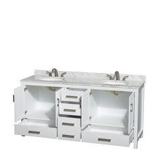Load image into Gallery viewer, Wyndham Sheffield 72 Inch Double Bathroom Vanity in White, White Carrara Marble Countertop, Undermount Oval Sinks, and No Mirror- Wyndham