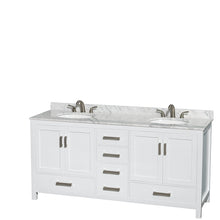 Load image into Gallery viewer, Wyndham Sheffield 72 Inch Double Bathroom Vanity in White, White Carrara Marble Countertop, Undermount Oval Sinks, and 70 Inch Mirror- Wyndham
