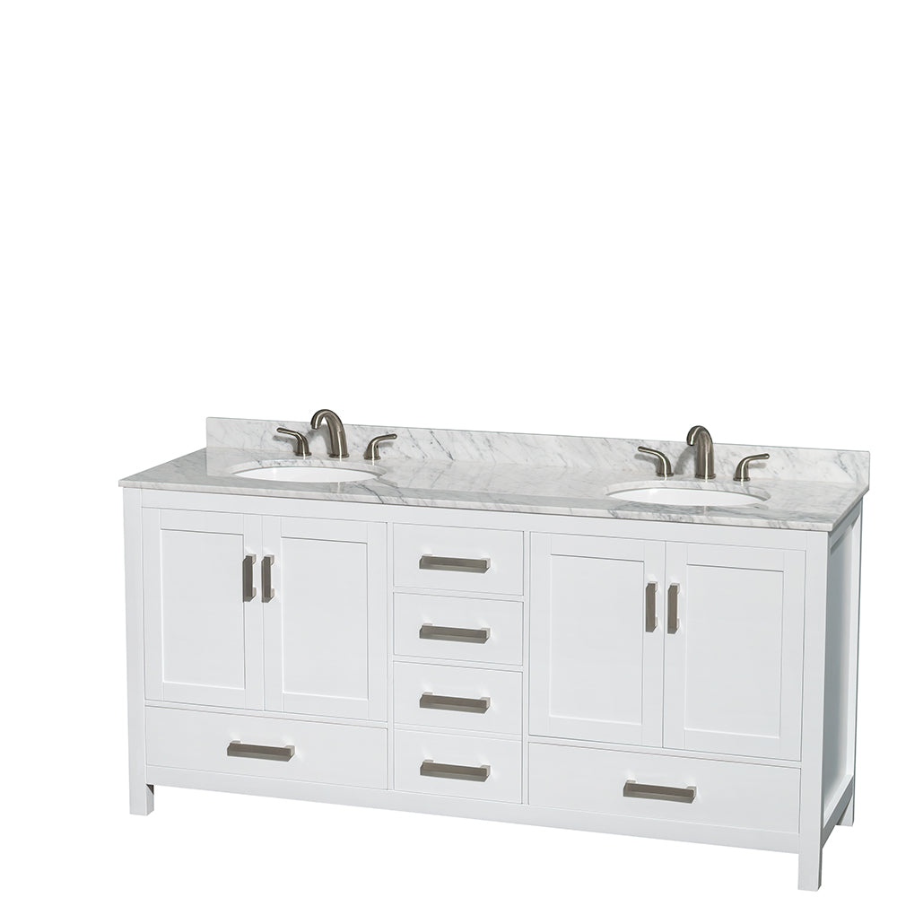 Wyndham Sheffield 72 Inch Double Bathroom Vanity in White, White Carrara Marble Countertop, Undermount Oval Sinks, and No Mirror- Wyndham
