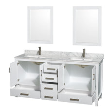 Load image into Gallery viewer, Wyndham Sheffield 72 Inch Double Bathroom Vanity in White, White Carrara Marble Countertop, Undermount Square Sinks, and 24 Inch Mirrors- Wyndham