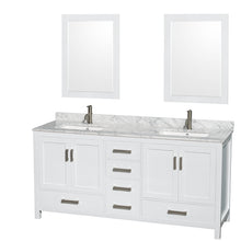 Load image into Gallery viewer, Wyndham Sheffield 72 Inch Double Bathroom Vanity in White, White Carrara Marble Countertop, Undermount Square Sinks, and 24 Inch Mirrors- Wyndham