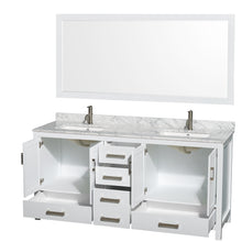 Load image into Gallery viewer, Wyndham Sheffield 72 Inch Double Bathroom Vanity in White, White Carrara Marble Countertop, Undermount Square Sinks, and 70 Inch Mirror- Wyndham