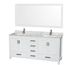 Load image into Gallery viewer, Wyndham Sheffield 72 Inch Double Bathroom Vanity in White, White Carrara Marble Countertop, Undermount Square Sinks, and 70 Inch Mirror- Wyndham