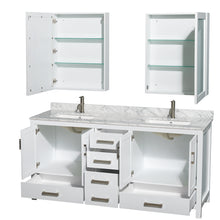 Load image into Gallery viewer, Wyndham Sheffield 72 Inch Double Bathroom Vanity in White, White Carrara Marble Countertop, Undermount Square Sinks, and Medicine Cabinets- Wyndham