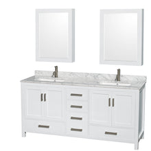 Load image into Gallery viewer, Wyndham Sheffield 72 Inch Double Bathroom Vanity in White, White Carrara Marble Countertop, Undermount Square Sinks, and Medicine Cabinets- Wyndham