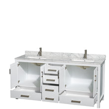 Load image into Gallery viewer, Wyndham Sheffield 72 Inch Double Bathroom Vanity in White, White Carrara Marble Countertop, Undermount Square Sinks, and No Mirror- Wyndham