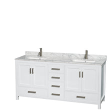 Load image into Gallery viewer, Wyndham Sheffield 72 Inch Double Bathroom Vanity in White, White Carrara Marble Countertop, Undermount Square Sinks, and 70 Inch Mirror- Wyndham