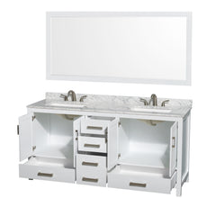 Load image into Gallery viewer, Wyndham Sheffield 72 Inch Double Bathroom Vanity in White, White Carrara Marble Countertop, Undermount 3-Hole Square Sinks, 70 Inch Mirror- Wyndham