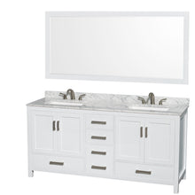 Load image into Gallery viewer, Wyndham Sheffield 72 Inch Double Bathroom Vanity in White, White Carrara Marble Countertop, Undermount 3-Hole Square Sinks, 70 Inch Mirror- Wyndham