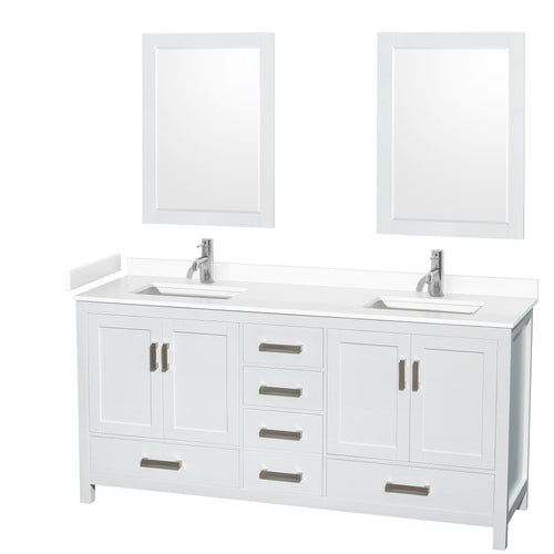 Wyndham Sheffield 72 Inch Double Bathroom Vanity in White, White Cultured Marble Countertop, Undermount Square Sinks, 24 Inch Mirrors- Wyndham
