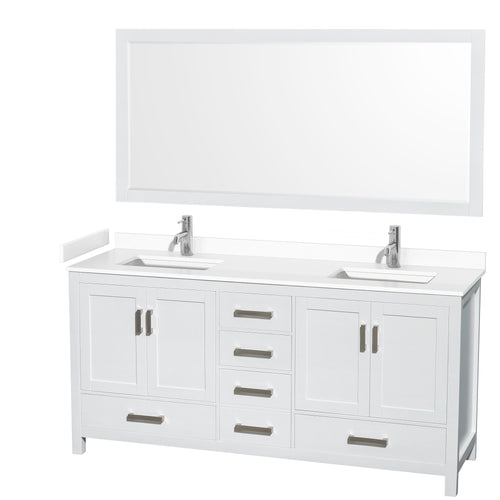 Wyndham Sheffield 72 Inch Double Bathroom Vanity in White, White Cultured Marble Countertop, Undermount Square Sinks, 70 Inch Mirror- Wyndham