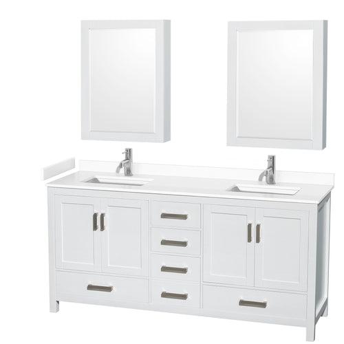 Wyndham Sheffield 72 Inch Double Bathroom Vanity in White, White Cultured Marble Countertop, Undermount Square Sinks, Medicine Cabinets- Wyndham