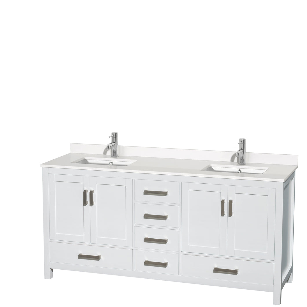 Wyndham Sheffield 72 Inch Double Bathroom Vanity in White, White Quartz Countertop, Undermount Square Sinks, No Mirror- Wyndham