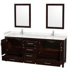 Load image into Gallery viewer, Wyndham Sheffield 80 Inch Double Bathroom Vanity in Espresso, Carrara Cultured Marble Countertop, Undermount Square Sinks, 24 Inch Mirrors- Wyndham