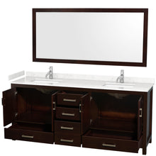 Load image into Gallery viewer, Wyndham Sheffield 80 Inch Double Bathroom Vanity in Espresso, Carrara Cultured Marble Countertop, Undermount Square Sinks, 70 Inch Mirror- Wyndham