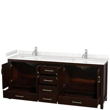 Load image into Gallery viewer, Wyndham Sheffield 80 Inch Double Bathroom Vanity in Espresso, Carrara Cultured Marble Countertop, Undermount Square Sinks, No Mirror- Wyndham