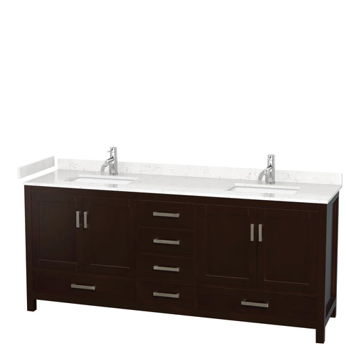 Wyndham Sheffield 80 Inch Double Bathroom Vanity in Espresso, Carrara Cultured Marble Countertop, Undermount Square Sinks, No Mirror- Wyndham