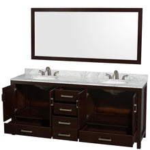 Load image into Gallery viewer, Wyndham Sheffield 80 Inch Double Bathroom Vanity in Espresso, White Carrara Marble Countertop, Undermount Oval Sinks, and 70 Inch Mirror- Wyndham