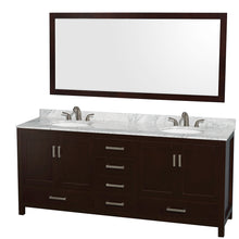 Load image into Gallery viewer, Wyndham Sheffield 80 Inch Double Bathroom Vanity in Espresso, White Carrara Marble Countertop, Undermount Oval Sinks, and 70 Inch Mirror- Wyndham