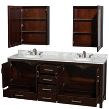 Load image into Gallery viewer, Wyndham Sheffield 80 Inch Double Bathroom Vanity in Espresso, White Carrara Marble Countertop, Undermount Oval Sinks, and Medicine Cabinets- Wyndham