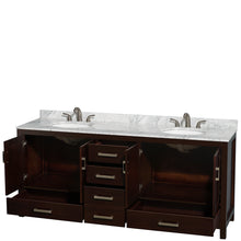 Load image into Gallery viewer, Wyndham Sheffield 80 Inch Double Bathroom Vanity in Espresso, White Carrara Marble Countertop, Undermount Oval Sinks, and No Mirror- Wyndham