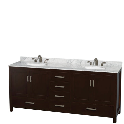 Wyndham Sheffield 80 Inch Double Bathroom Vanity in Espresso, White Carrara Marble Countertop, Undermount Oval Sinks, and No Mirror- Wyndham