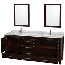 Load image into Gallery viewer, Wyndham Sheffield 80 Inch Double Bathroom Vanity in Espresso, White Carrara Marble Countertop, Undermount Square Sinks, and 24 Inch Mirrors- Wyndham