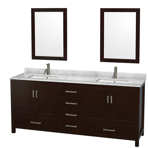 Wyndham Sheffield 80 Inch Double Bathroom Vanity in Espresso, White Carrara Marble Countertop, Undermount Square Sinks, and 24 Inch Mirrors- Wyndham