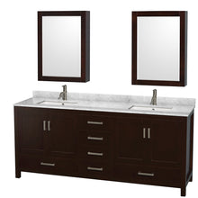 Load image into Gallery viewer, Wyndham Sheffield 80 Inch Double Bathroom Vanity in Espresso, White Carrara Marble Countertop, Undermount Square Sinks, and Medicine Cabinets- Wyndham