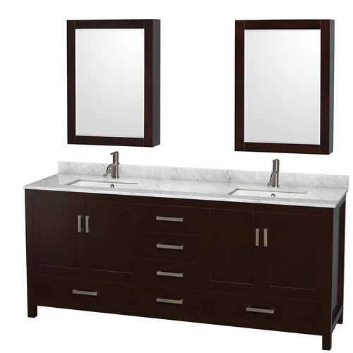 Wyndham Sheffield 80 Inch Double Bathroom Vanity in Espresso, White Carrara Marble Countertop, Undermount Square Sinks, and Medicine Cabinets- Wyndham