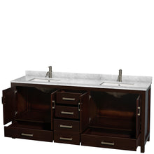 Load image into Gallery viewer, Wyndham Sheffield 80 Inch Double Bathroom Vanity in Espresso, White Carrara Marble Countertop, Undermount Square Sinks, and No Mirror- Wyndham
