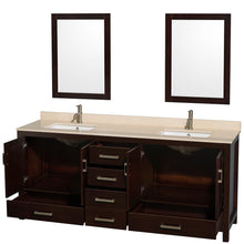 Load image into Gallery viewer, Wyndham Sheffield 80 Inch Double Bathroom Vanity in Espresso, Ivory Marble Countertop, Undermount Square Sinks, and 24 Inch Mirrors- Wyndham
